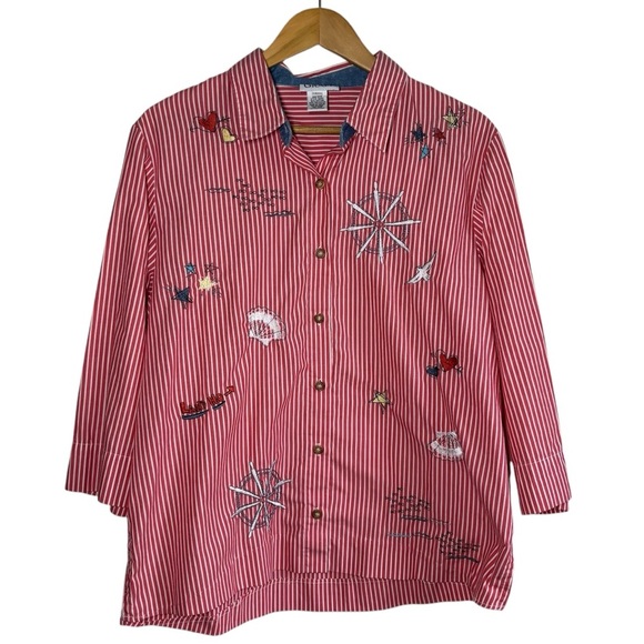 Vintage Embroidered Nautical Blouse Large Graff Button Down Red Coastal Novelty - Picture 1 of 12